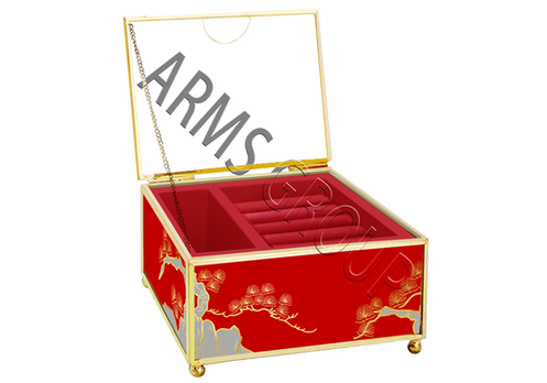 1710291-1 Oriental Pine Accent Design Glass Jewelry Box With Metal Frame (Small)-Red