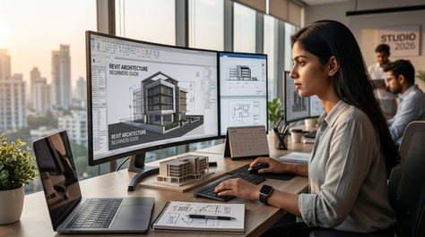 Woman at desk using Revit to design a building; screen reads REVTIT ARCHITECTURE BEGINNERS GUIDE in a bright office.