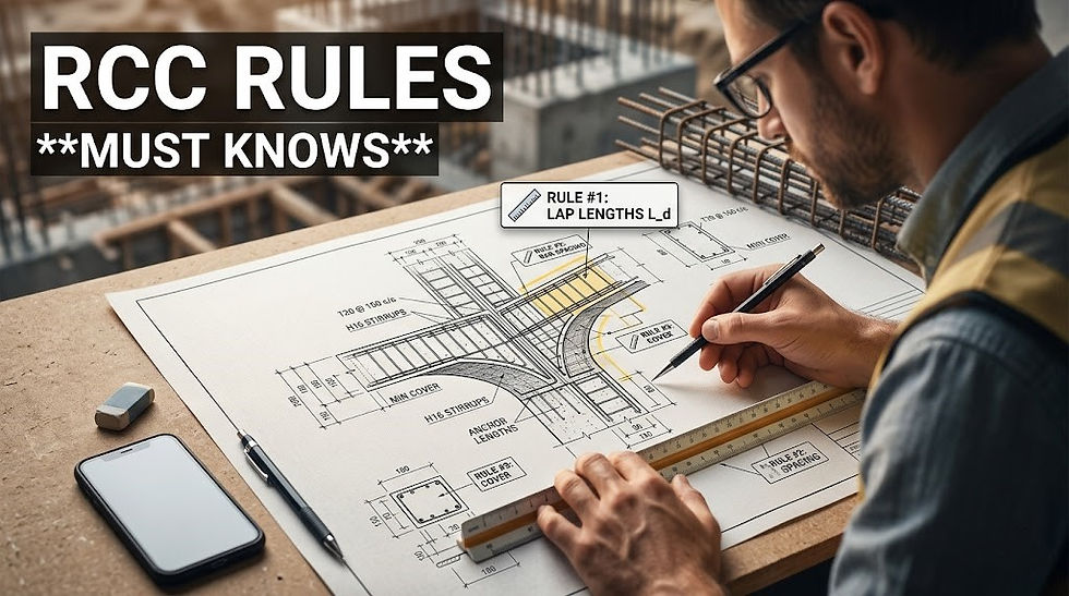 Engineer sketching RCC rebar details on a blueprint at a workbench; phone, ruler, and text RCC RULES MUST KNOWS visible.