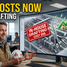 Man in office gestures at monitor showing HVAC ductwork, scissors, dollar signs, and text: CUT COSTS NOW, IN-HOUSE DRAFTING COST $$$