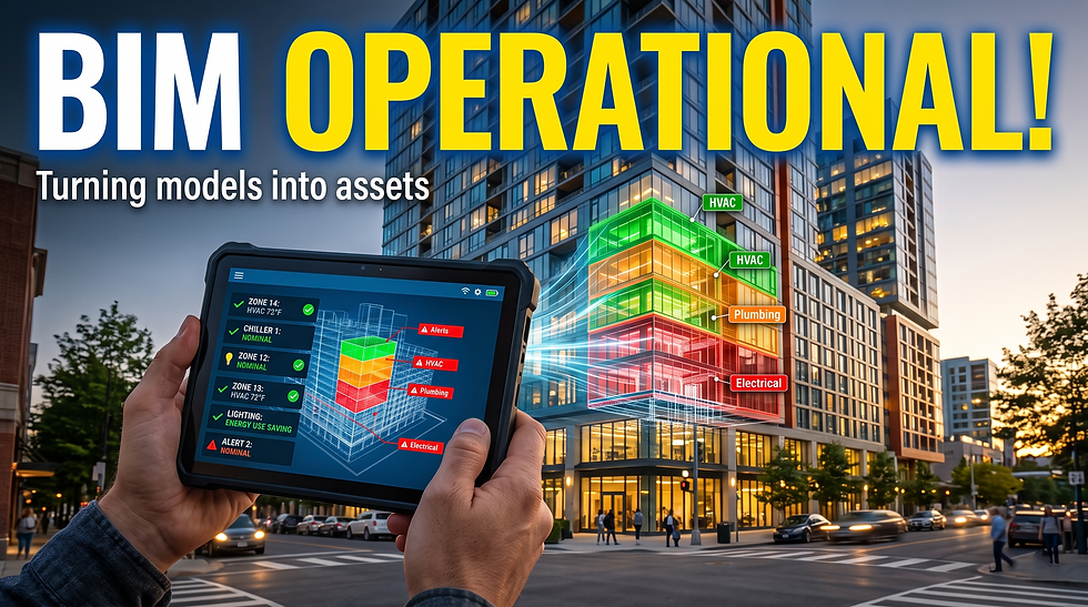 BIM Operational! text over a city building, with hands holding a tablet showing HVAC, plumbing and electrical building controls.