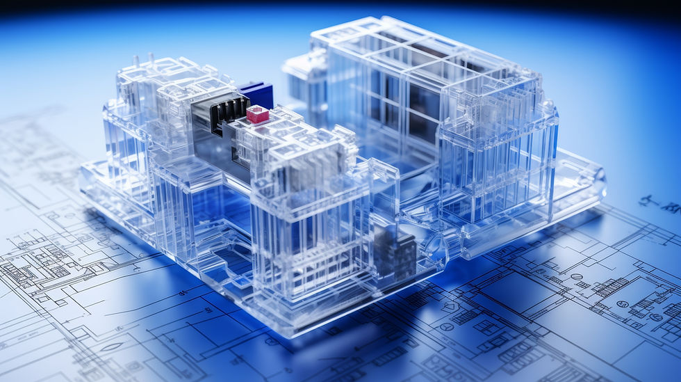 Transparent 3D architectural model on blueprints, with a gradient blue background. Features black and red components, suggesting design elements.