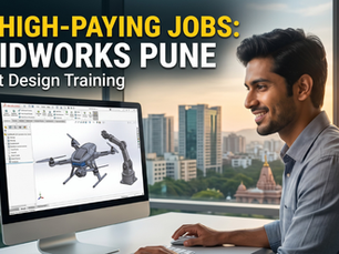 Smiling man at desk beside monitor with SolidWorks drone model; text reads Get High-Paying Jobs: SolidWorks Pune Product Design Training