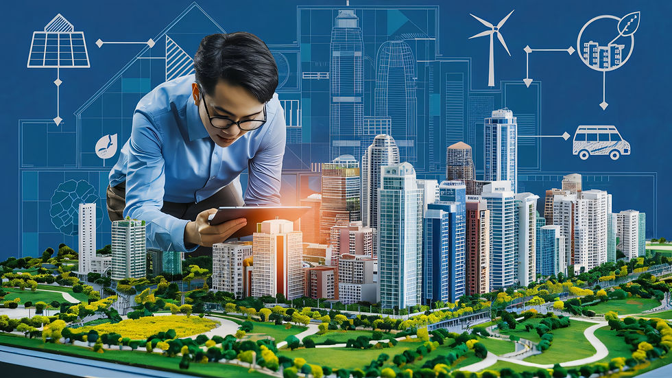 Man in blue shirt examines tablet over detailed city model. Background features blueprints and eco icons, suggesting innovation.