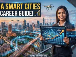 Smiling woman in business suit holds smart-city tablet over futuristic India skyline with drones; text: India Smart Cities The Career Guide!