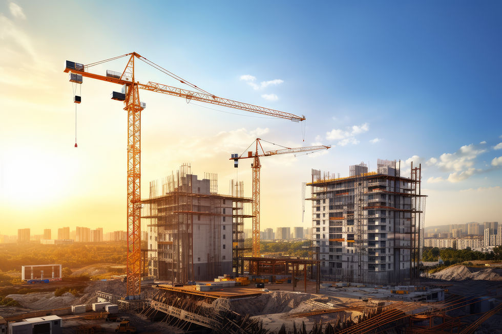 Construction site with two cranes lifting materials next to high-rise buildings under construction. Cityscape and sunset in the background.