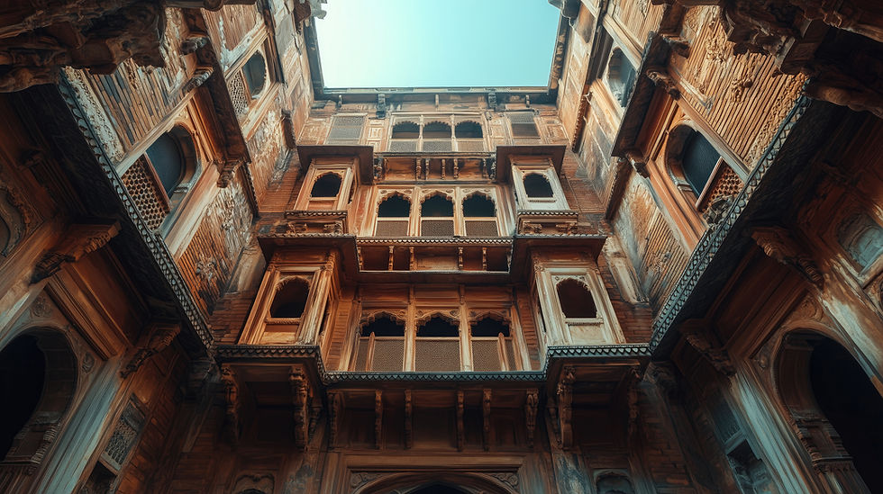 Looking up at an ornate, weathered building courtyard with intricate arches and windows, against a clear blue sky, creating a majestic atmosphere.
