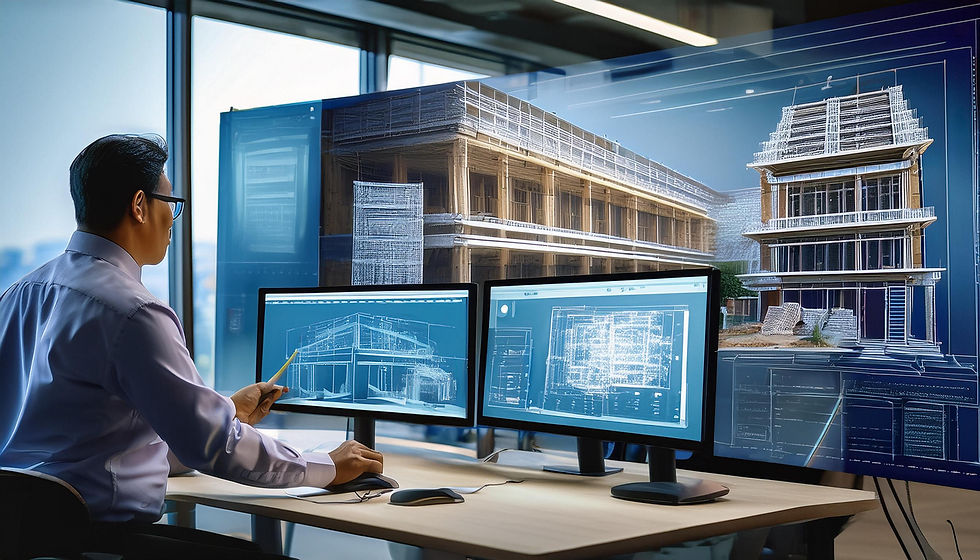 Man in an office views architectural designs on multiple screens, with a 3D building model projected. Modern, professional atmosphere.