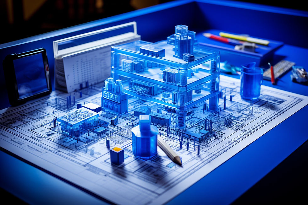 Blue architectural model on blueprint paper on a desk. Nearby are a pencil, ruler, and cup. The scene is lit in cool blue hues.