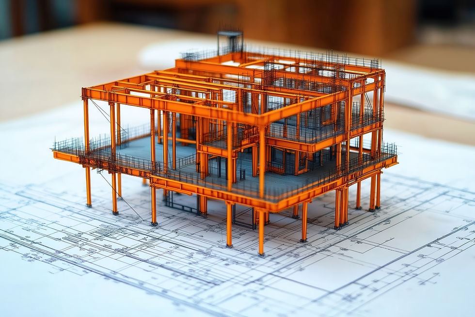 Orange building model on blueprints, showing detailed construction plans. Focus on metal framework. Background is blurred.