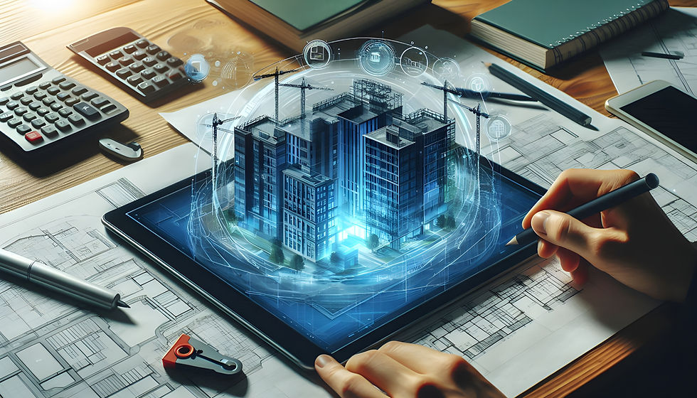 Hands sketch on architectural plans, tablet displays a holographic city model. Calculators, notepad, pen on the wooden desk. Futuristic mood.