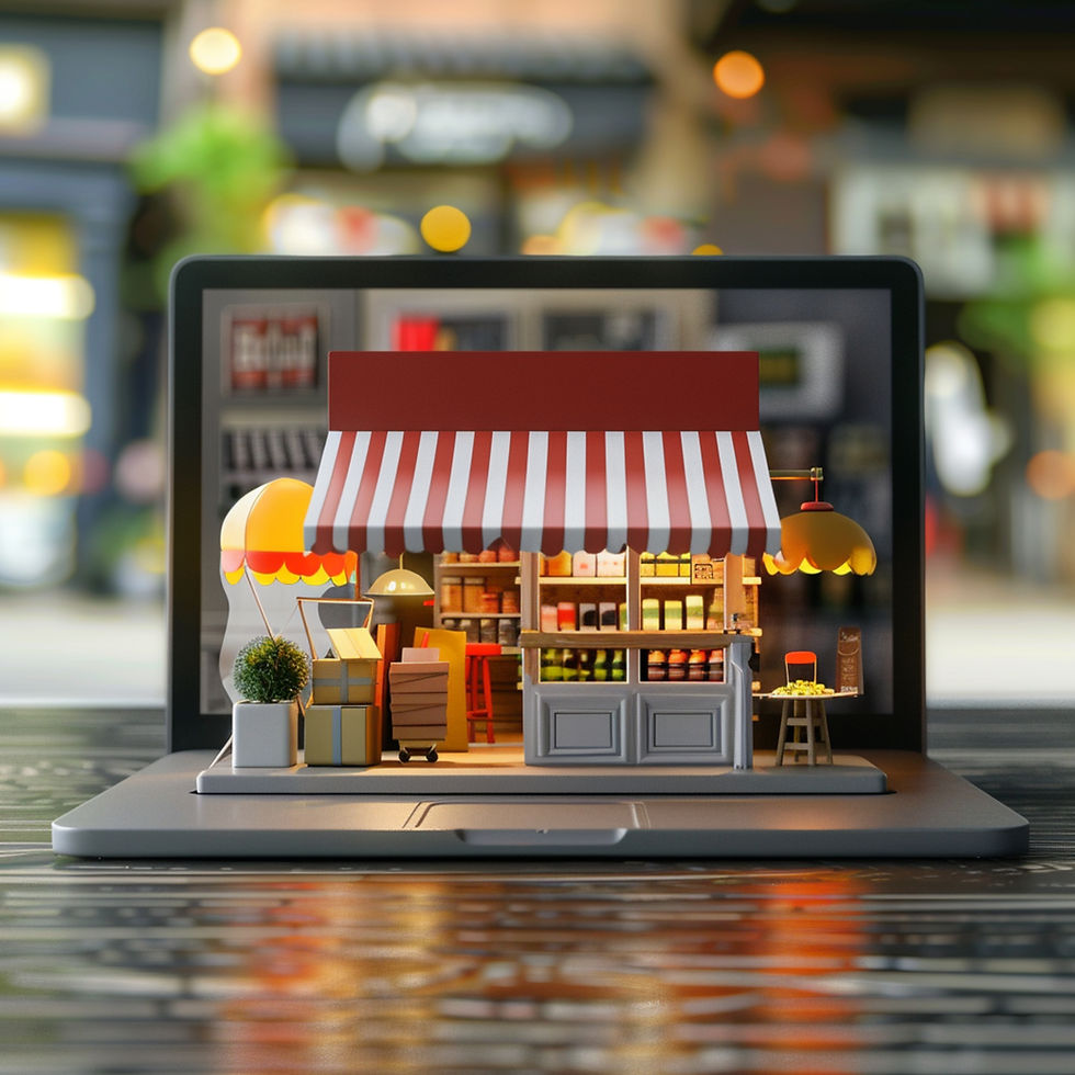 Miniature storefront with red-striped awning on a laptop, surrounded by plants and packages. Blurred colorful background suggests a cozy ambiance.