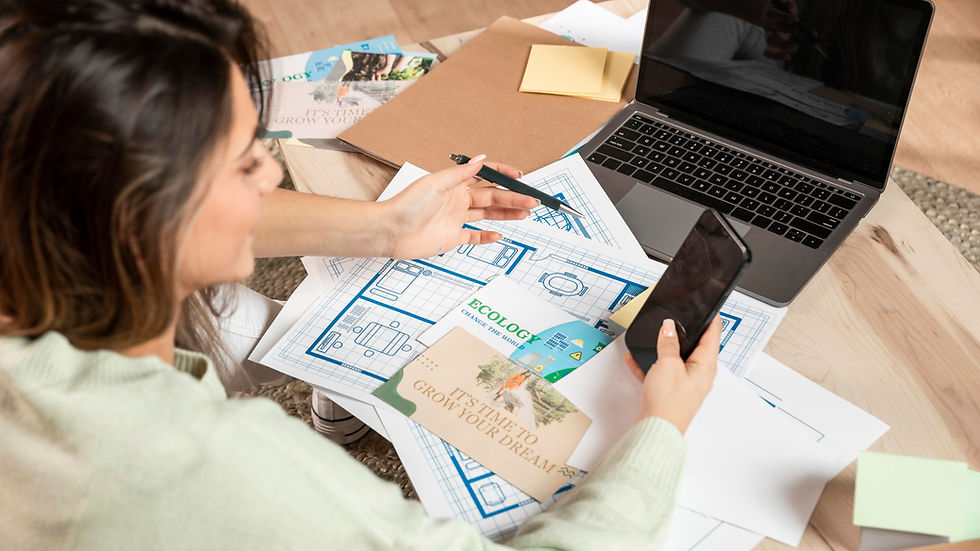 Woman examines blueprints and ecology brochures at a wooden desk with a laptop and sticky notes, holding a phone and a pen.