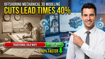 Split-screen promo: old draftsman at blueprints vs smiling man pointing at 3D engine model, with text Cuts lead times 40%.