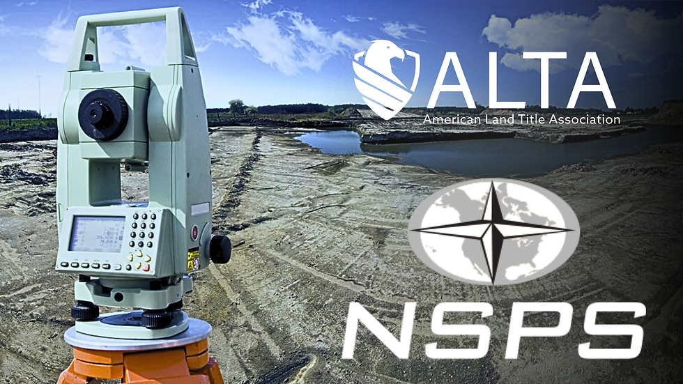 Surveying equipment in a sandy construction site, with logos of ALTA and NSPS. Blue sky and water in the background.