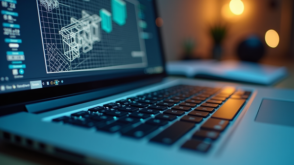 Close-up view of a laptop screen showing CAD software interface