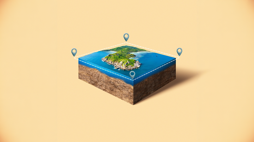 3D island cross-section with blue water and green land. Location markers on corners, beige background, creating a geographic map feel.