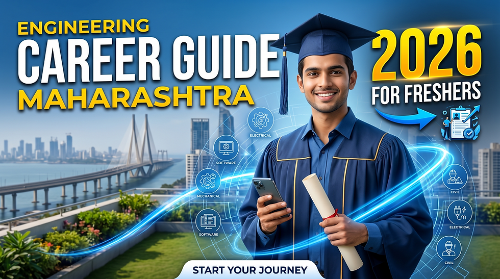 Smiling engineering graduate in cap holding diploma and phone, with Mumbai skyline and text Engineering Career Guide Maharashtra 2026.