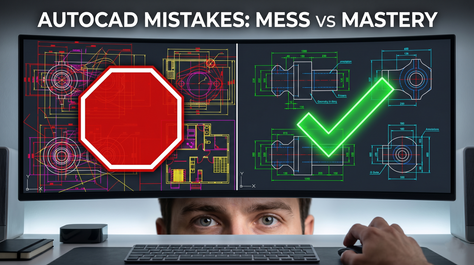 Split-screen AutoCAD drawings with red stop sign and green checkmark above a man's eyes at a desk, titled AutoCAD Mistakes: Mess vs Mastery. AutoCAD mistakes engineering students must fix today
