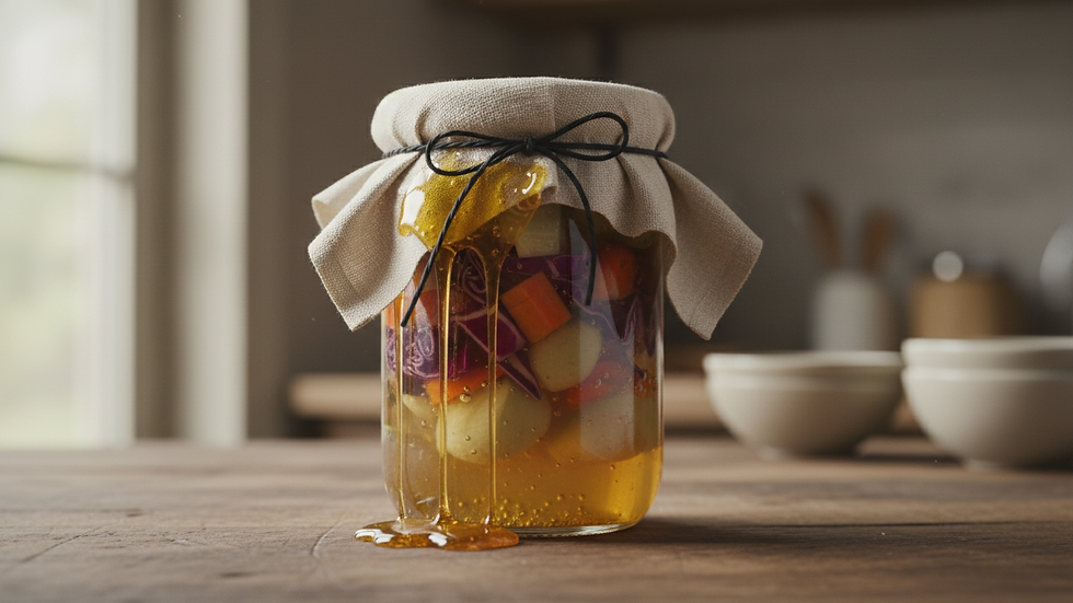 Eye-level view of a jar of fermented vegetables with honey