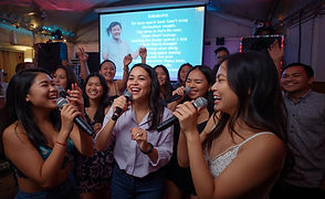 Create a realistic photo of a lively group of people enjoying a mobile karaoke concert. Th