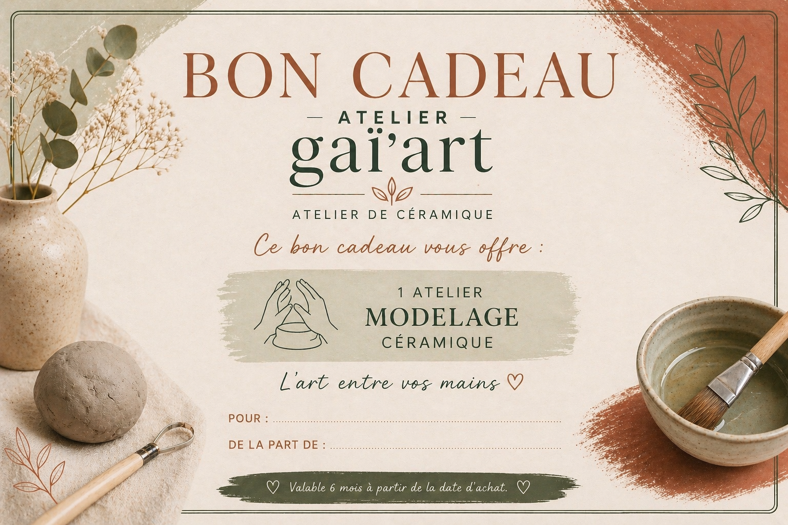 Bon Cadeau Modelage céramique.