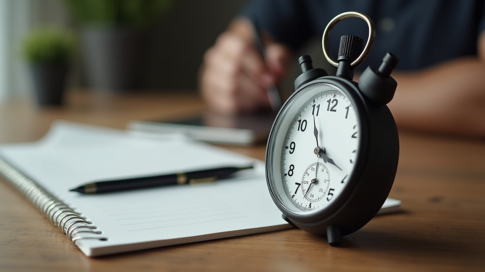 Close-up view of a stopwatch and a mental training notebook on a wooden table