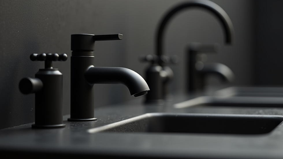 Close-up view of matte black bathroom fixtures and fittings