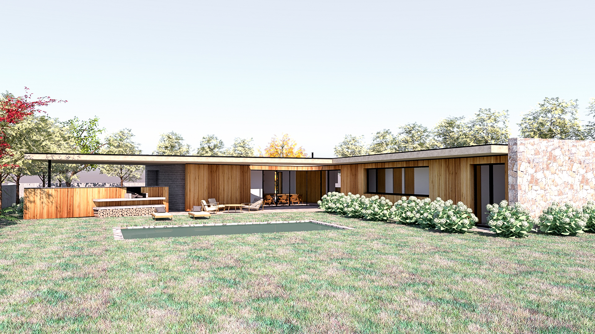 Casa en forma de V, vivienda unifamiliar de líneas puras y cubierta plana, revestimiento interiores y exteriores de madera, continuidad en el suelo interior y exterior para aumentar la amplitud visual, piscina
