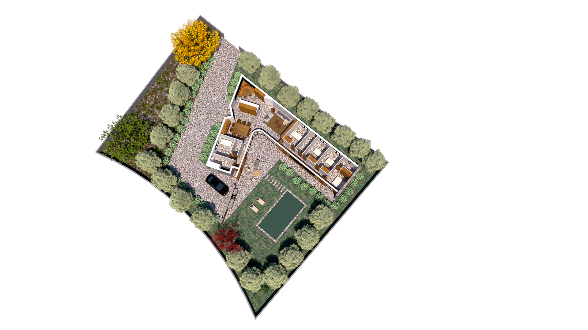 Casa en forma de V, vivienda unifamiliar de líneas puras y cubierta plana, revestimiento interiores y exteriores de madera, continuidad en el suelo interior y exterior para aumentar la amplitud visual, vista aérea