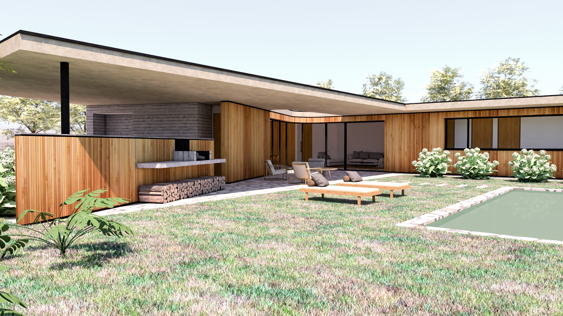 Casa en forma de V, vivienda unifamiliar de líneas puras y cubierta plana, revestimiento interiores y exteriores de madera, continuidad en el suelo interior y exterior para aumentar la amplitud visual, jardín y porche