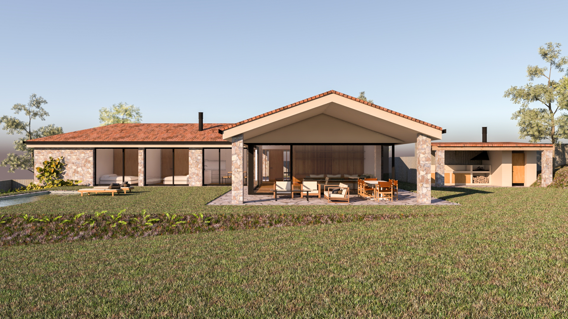 Vivienda en forma de L, cubiertas inclinadas, teja, detalles en piedra natural, fuerte pendiente del terreno