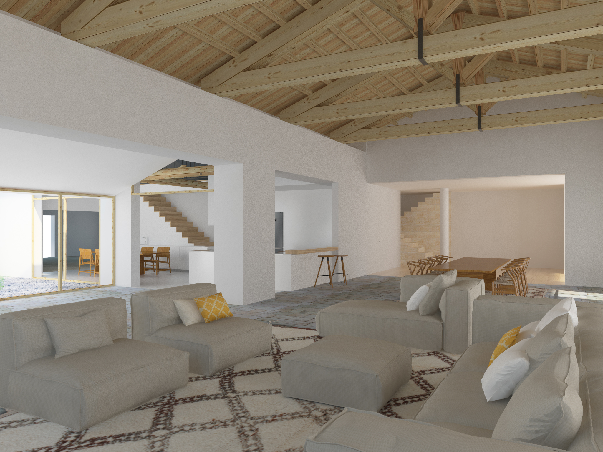 techo a dos aguas, vigas de madera, salón, suelo de piedra natural, chimenea, vista de la cocina al fondo