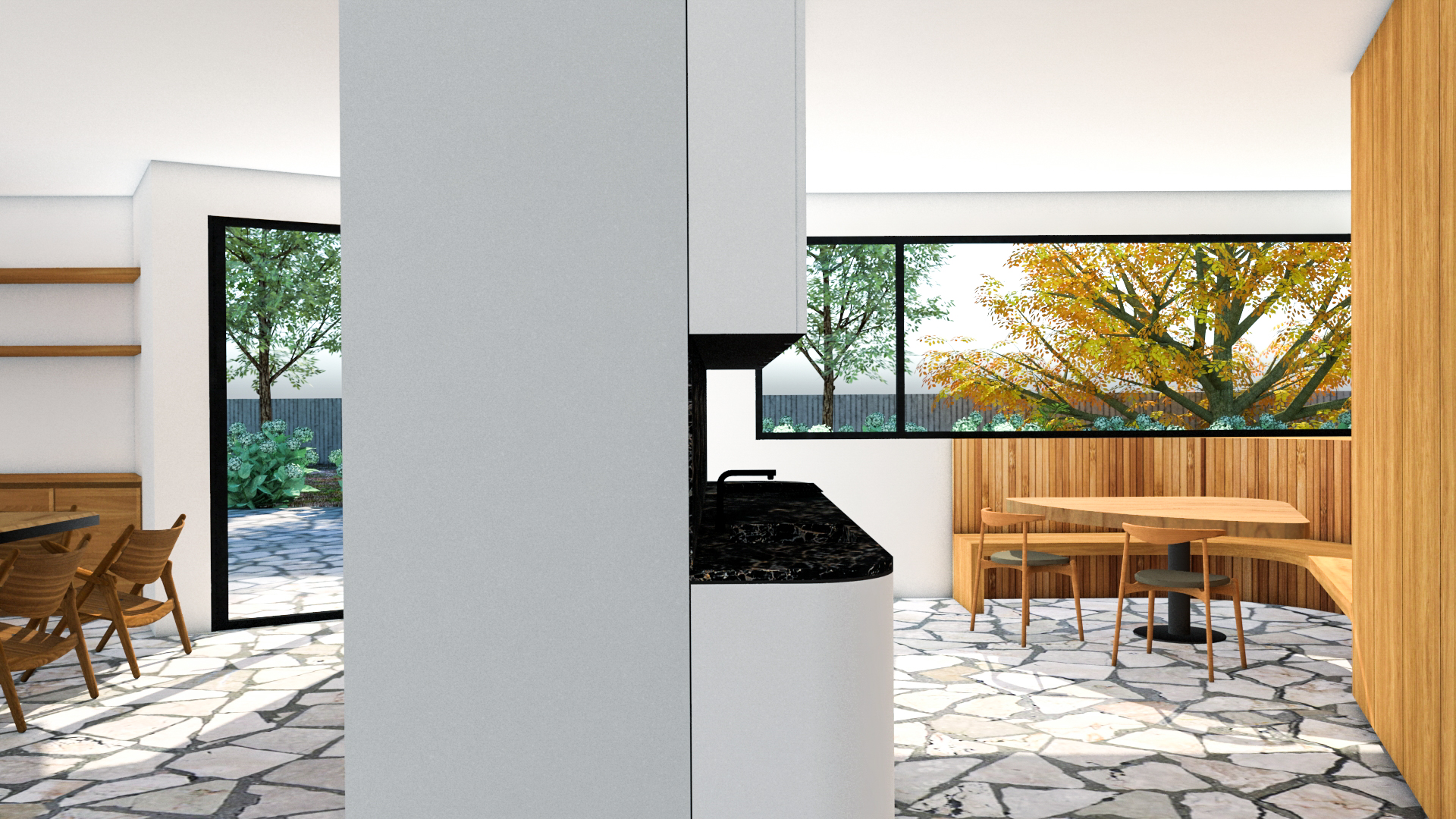Casa en forma de V, vivienda unifamiliar de líneas puras y cubierta plana, revestimiento interiores y exteriores de madera, continuidad en el suelo interior y exterior para aumentar la amplitud visual, cocina