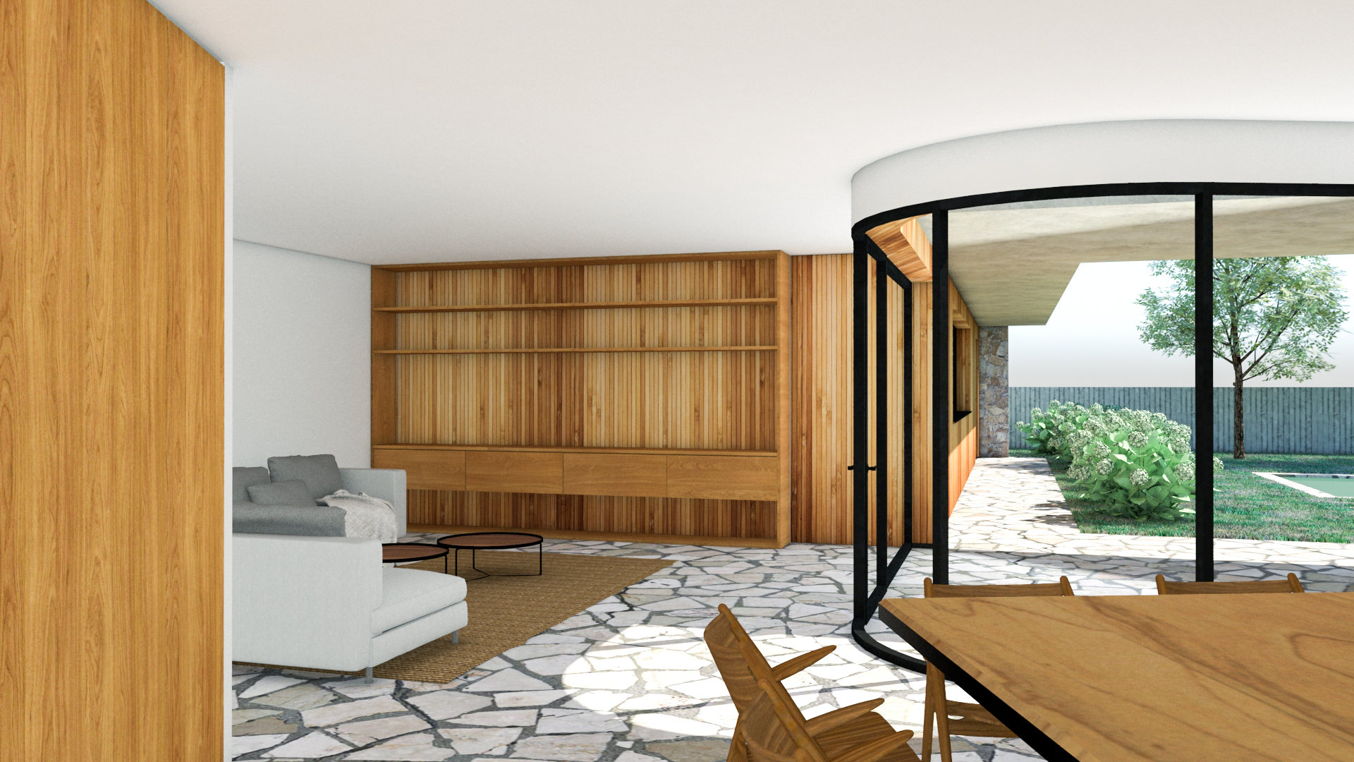 Casa en forma de V, vivienda unifamiliar de líneas puras y cubierta plana, revestimiento interiores y exteriores de madera, continuidad en el suelo interior y exterior para aumentar la amplitud visual, zonas comunes, fachada o cerramiento curvo, mueble salón
