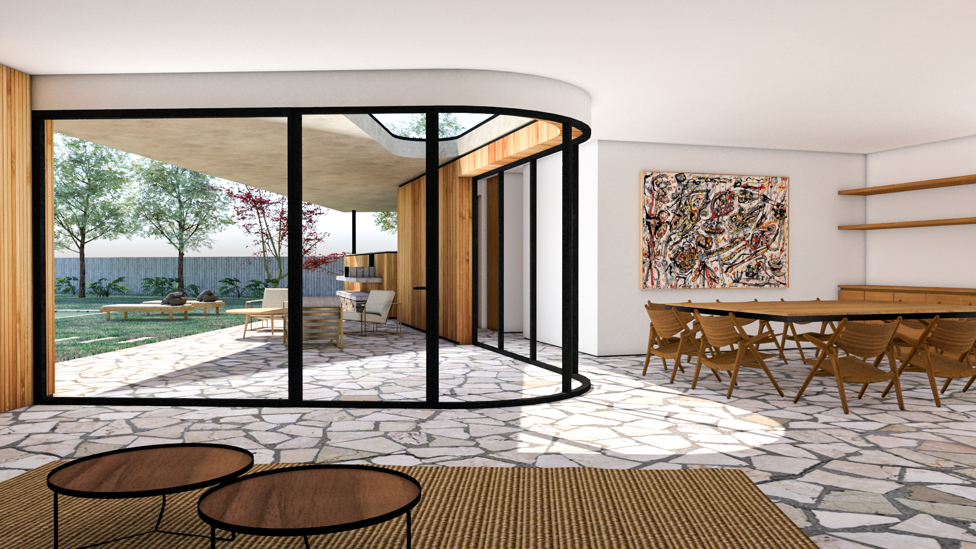 Casa en forma de V, vivienda unifamiliar de líneas puras y cubierta plana, revestimiento interiores y exteriores de madera, continuidad en el suelo interior y exterior para aumentar la amplitud visual, zonas comunes, fachada o cerramiento curvo, vistas al porche y al jardín, iluminación cenital