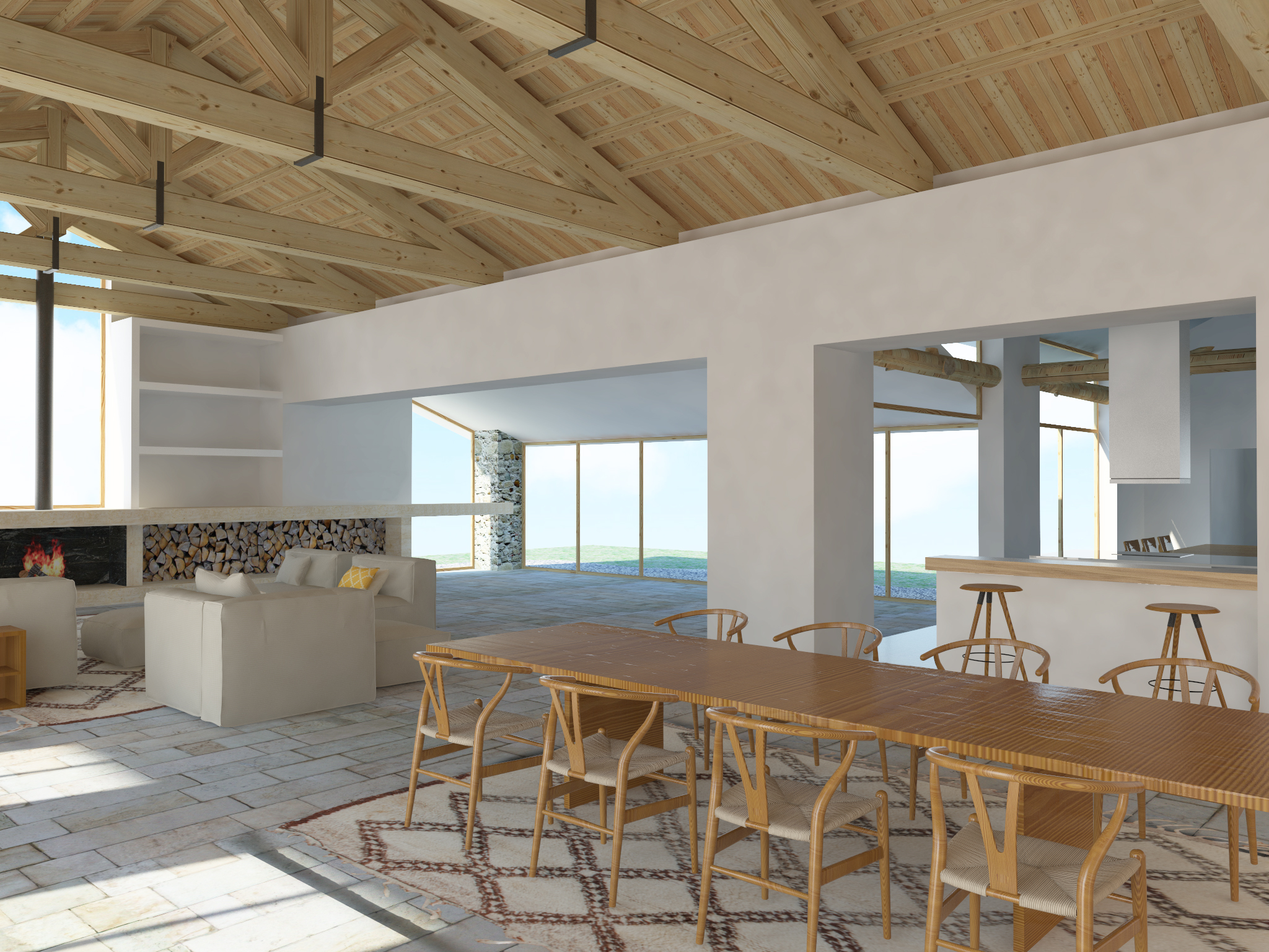 techo a dos aguas, vigas de madera, salón, suelo de piedra natural, chimenea, comedor conectado con cocina