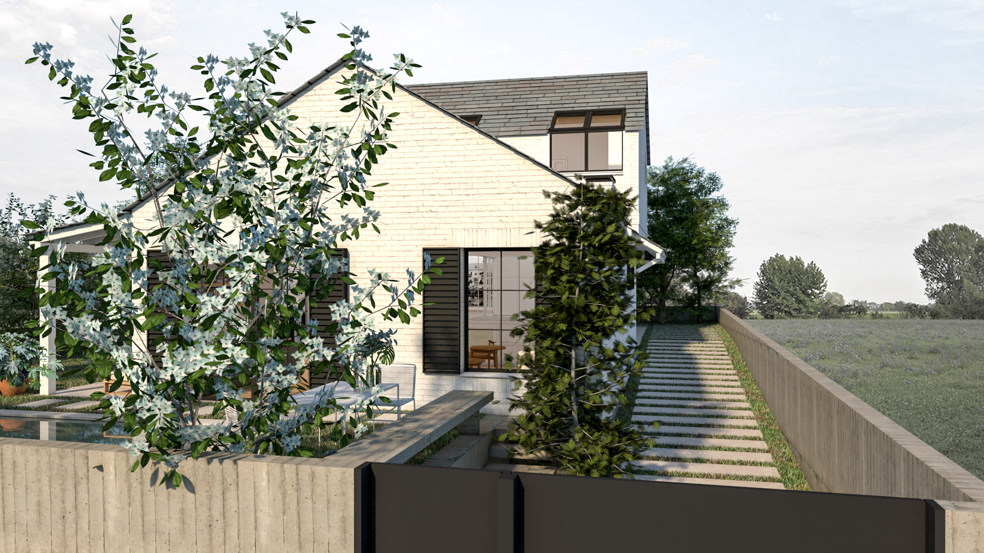 Casa en forma de L, estilo farmhouse, contraventanas de aluminio, cubiertas inclinadas de pizarra, ladrillo blanco