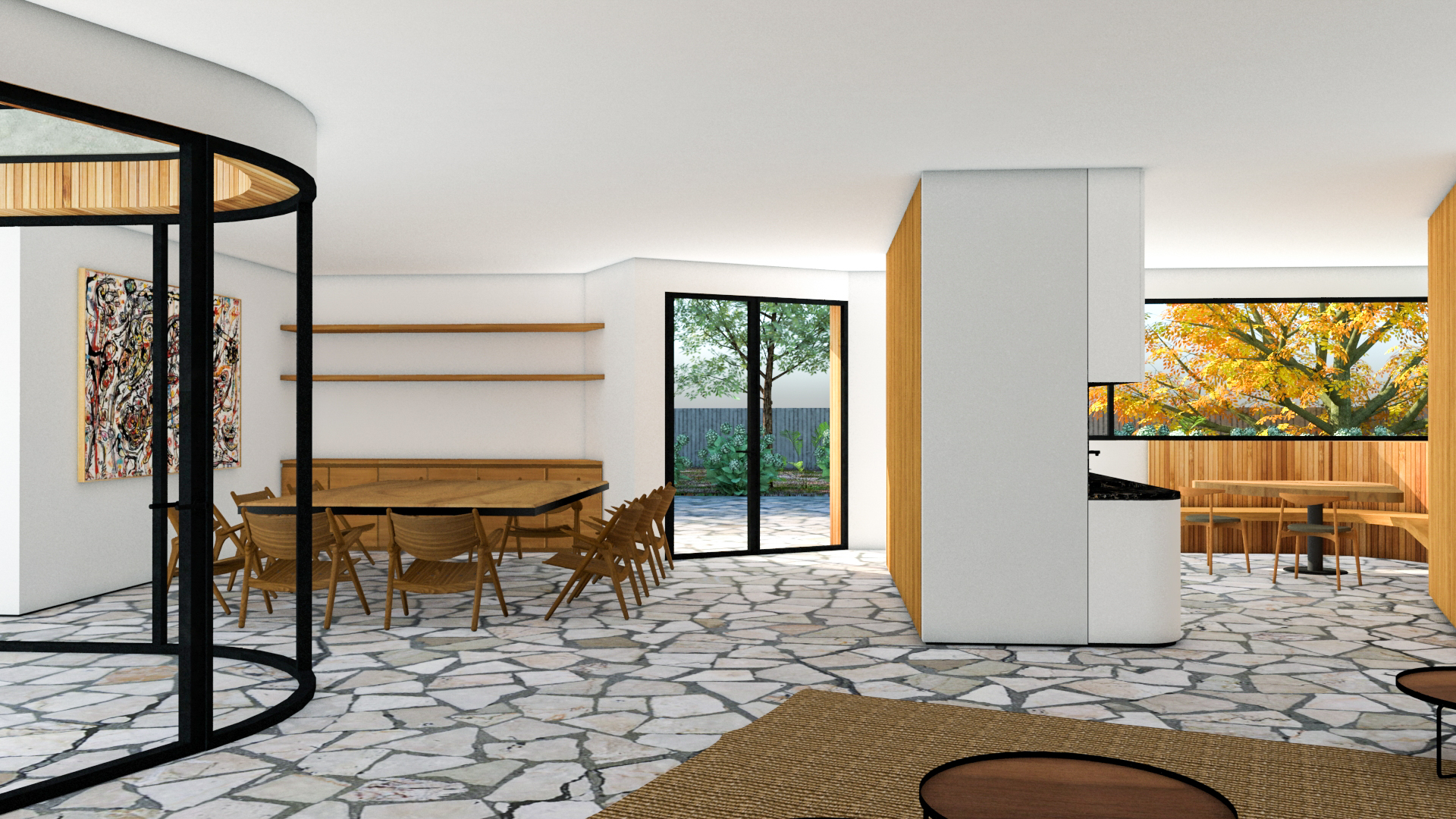 Casa en forma de V, vivienda unifamiliar de líneas puras y cubierta plana, revestimiento interiores y exteriores de madera, continuidad en el suelo interior y exterior para aumentar la amplitud visual, fachada o cerramiento curvo, cocina y comedor