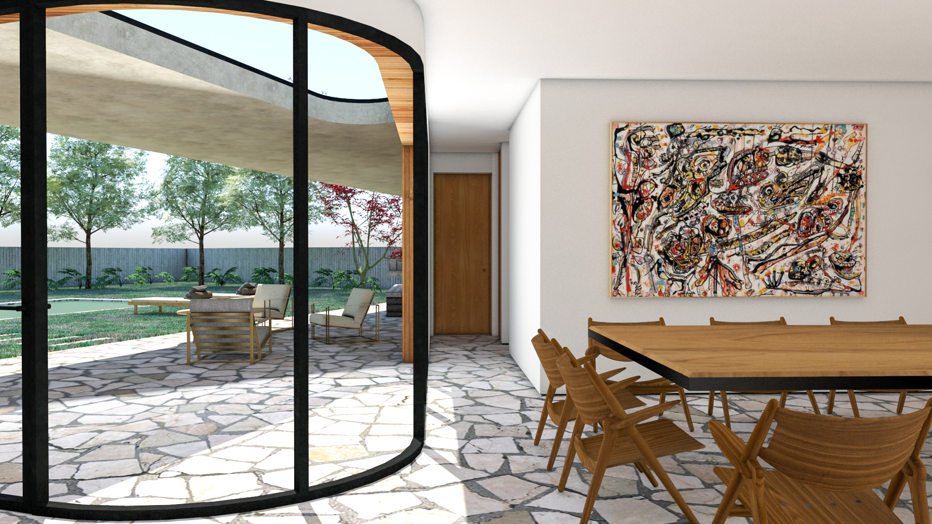 Casa en forma de V, vivienda unifamiliar de líneas puras y cubierta plana, revestimiento interiores y exteriores de madera, continuidad en el suelo interior y exterior para aumentar la amplitud visual, fachada o cerramiento curvo, comedor