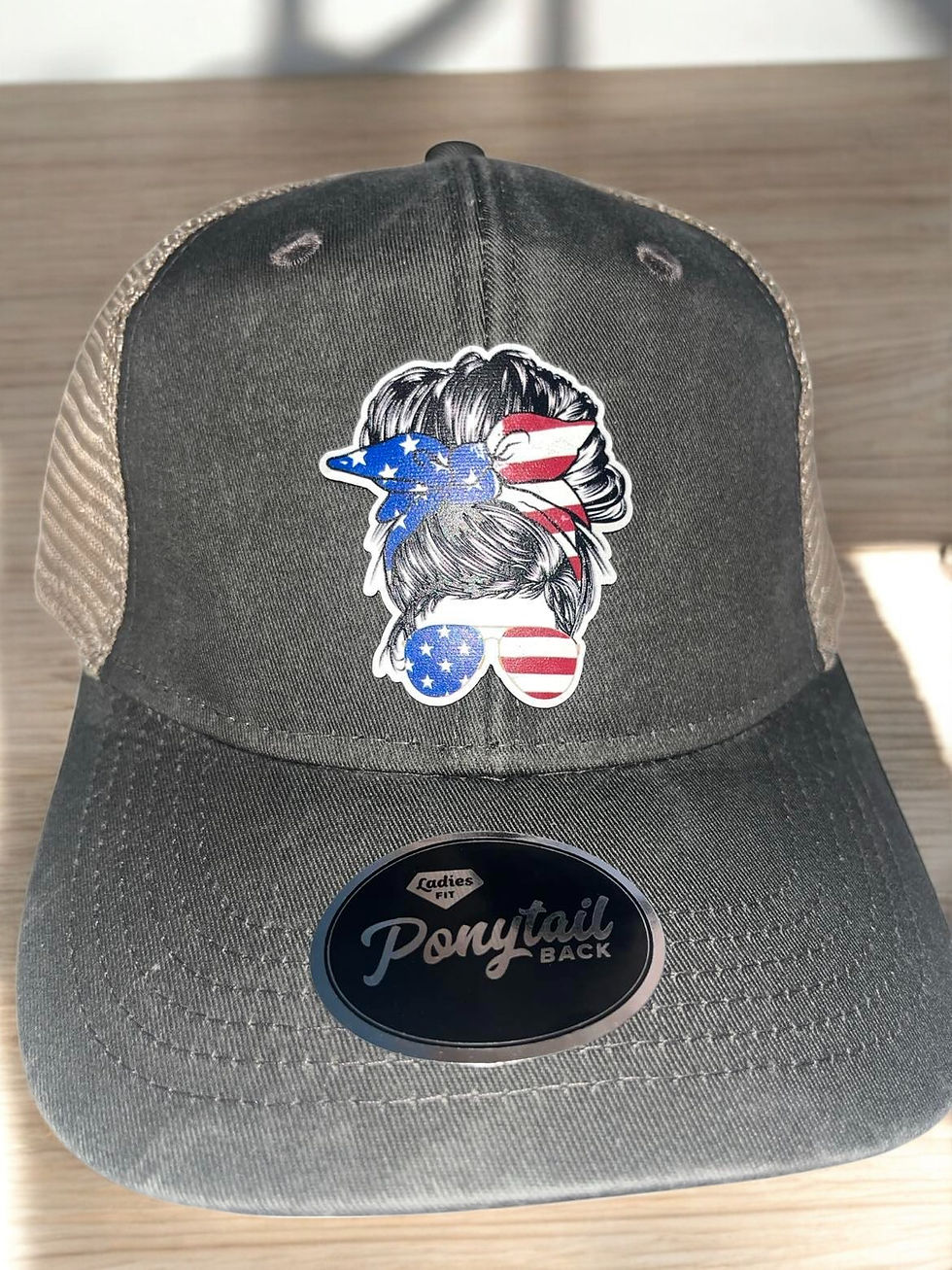 Thumbnail: Outdoor Cap Ponytail Cap with Patriotic American Girl Sunglasses Patch