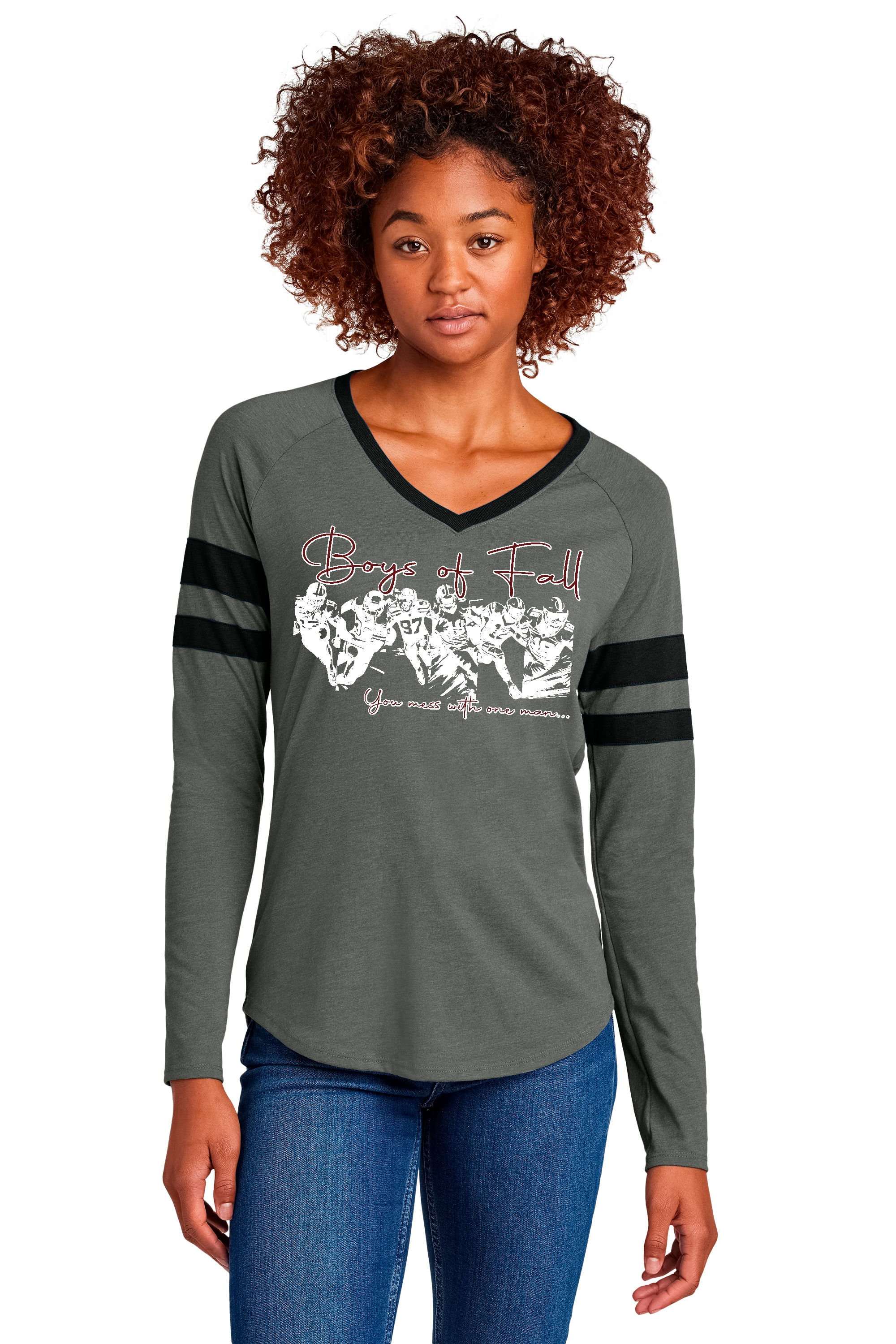 Mustangs Boys of Fall Women's Halftime Stripe Long Sleeve V-Neck Tee