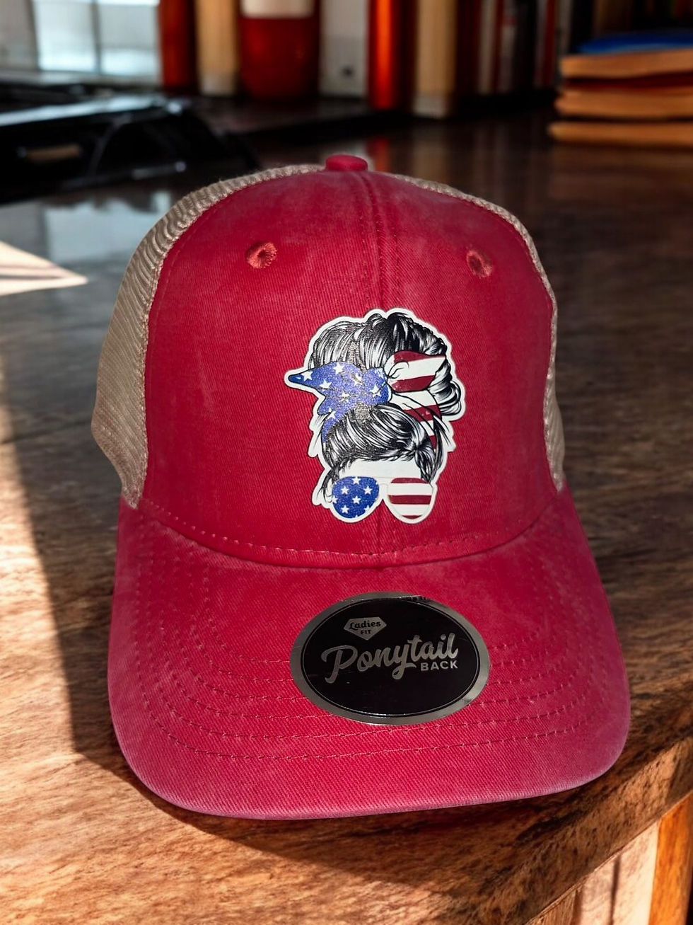 Thumbnail: Outdoor Cap Ponytail Cap with Patriotic American Girl Sunglasses Patch