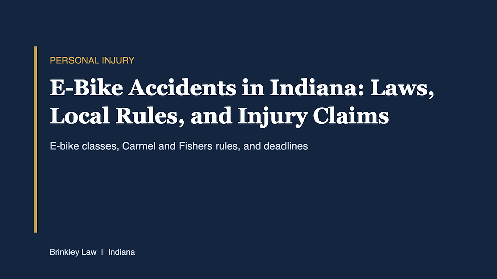 Cover graphic with the title E-Bike Accidents in Indiana: Laws, Local Rules, and Injury Claims from Brinkley Law