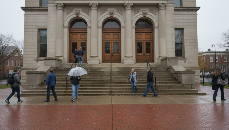 Wide-angle view of an Indiana courthouse entrance on a cloudy morning.