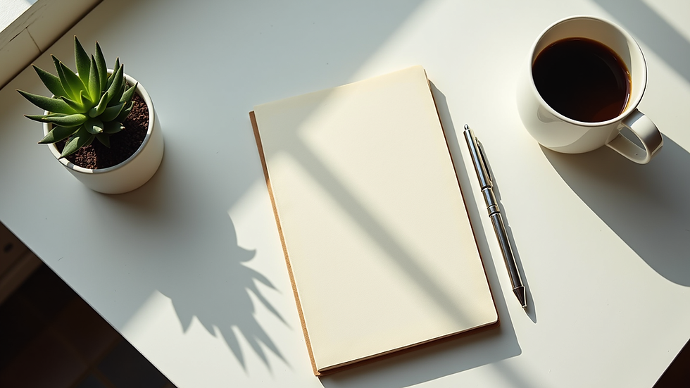 High angle view of a desk with a notebook, coffee cup, and a plant