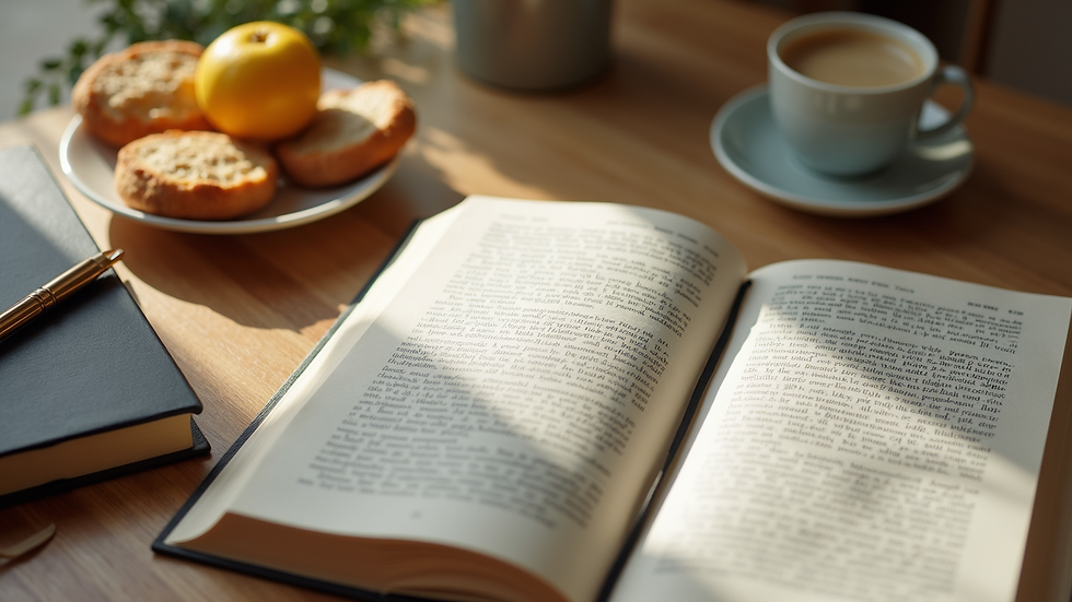 High angle view of a balanced lifestyle with books, healthy food, and a journal