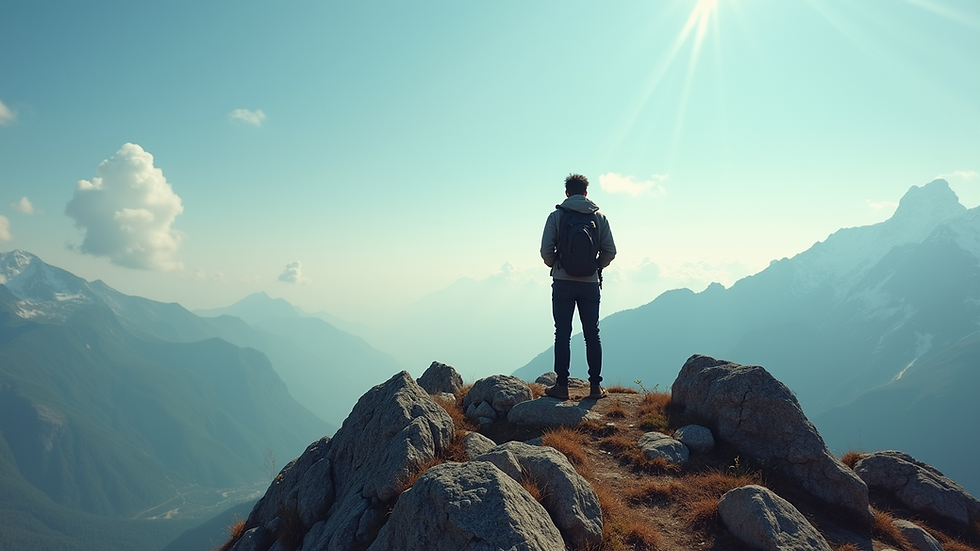 Eye-level view of a person standing confidently on a mountain peak