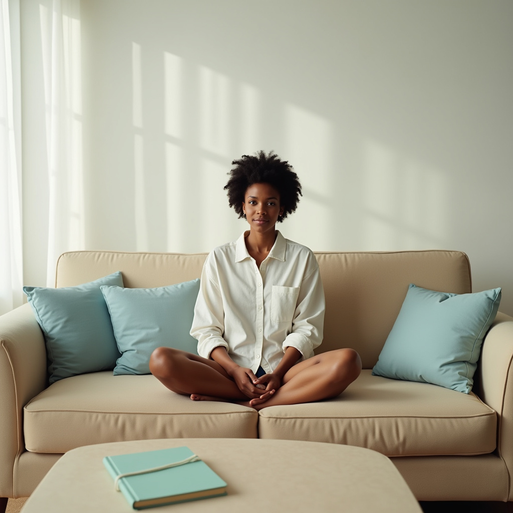 Woman sitting in meditating pose on couch