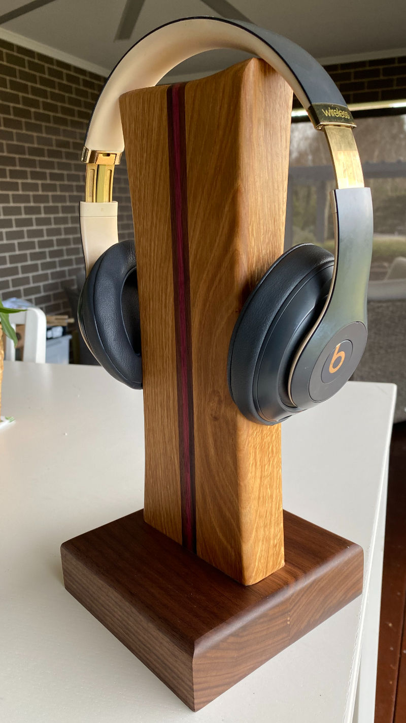 Handcrafted Solid Timber Headphone Stand – Walnut, American Oak & Purpleheart